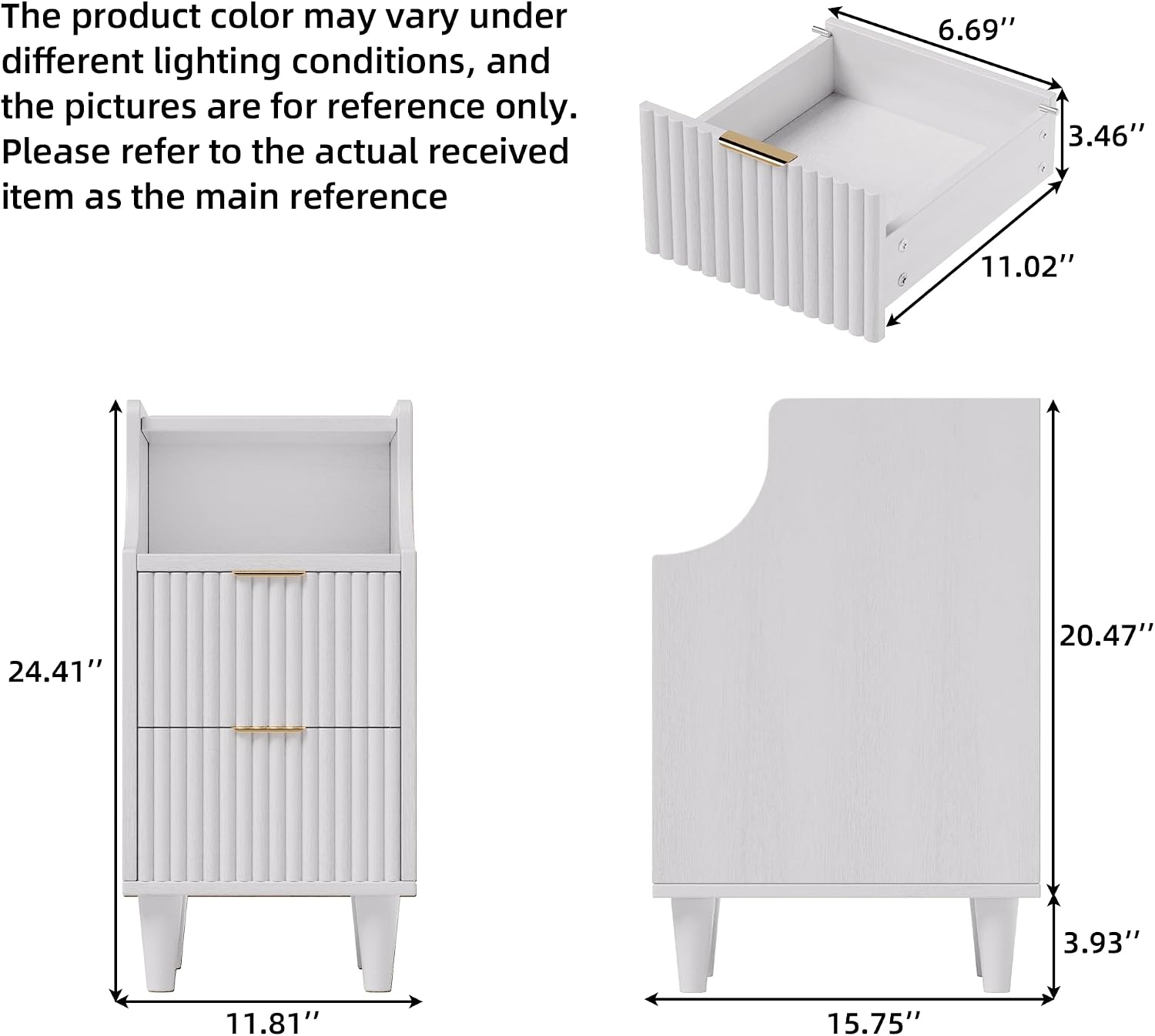 Narrow Nightstand Set of 2,11.8' Fluted Bedside Table Set of 2, Slim Side End Table with 2 Drawers, Wooden Bedside Table, White Wood Night Stand for Bedroom Livingroom Sofa Office