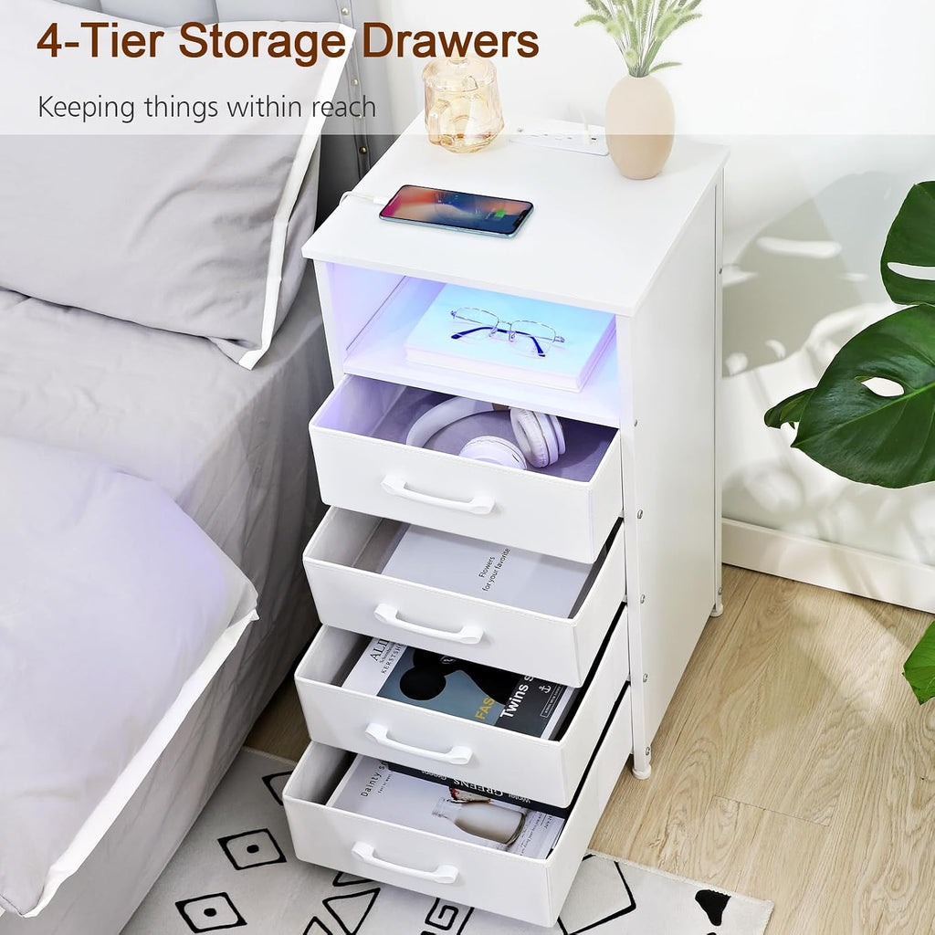 LOAKEKEL Night Stand Set 2, Tall Nightstand with Charging Station for Bedroom with 4 Drawers, LED End Table with USB Ports and Outlets, Bedside Table with Storage Shelf, White, HNS034WT