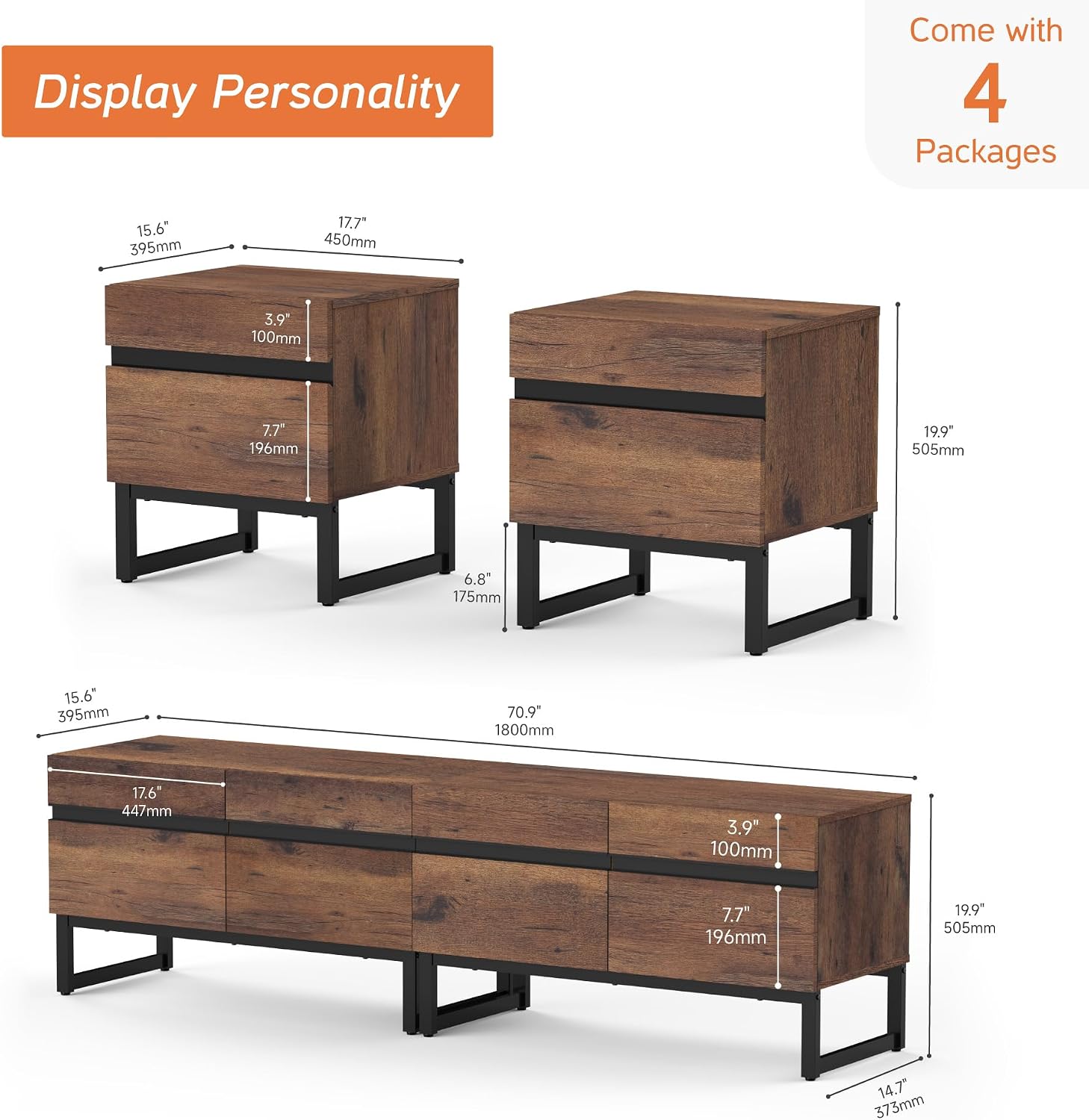 WAMPAT TV Stand and End Table Set of 3, 70 Inch TV Stand and 2 End Table Set with 2 Drawers for Living Room, Entertainment Center, Console TV Table Living Room Table Sets,Brown