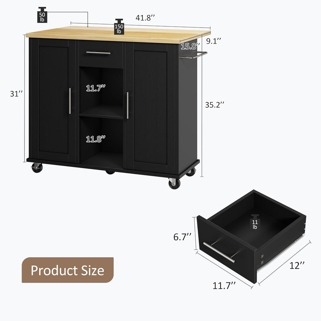SUNLEI Rolling Kitchen Island Cart with Wheels, Island Table for Kitchen, Farmhouse Kitchen Cart with Drop Leaf & Towel Rack & Drawer, Kitchen Island with Storage Cabinet, Black