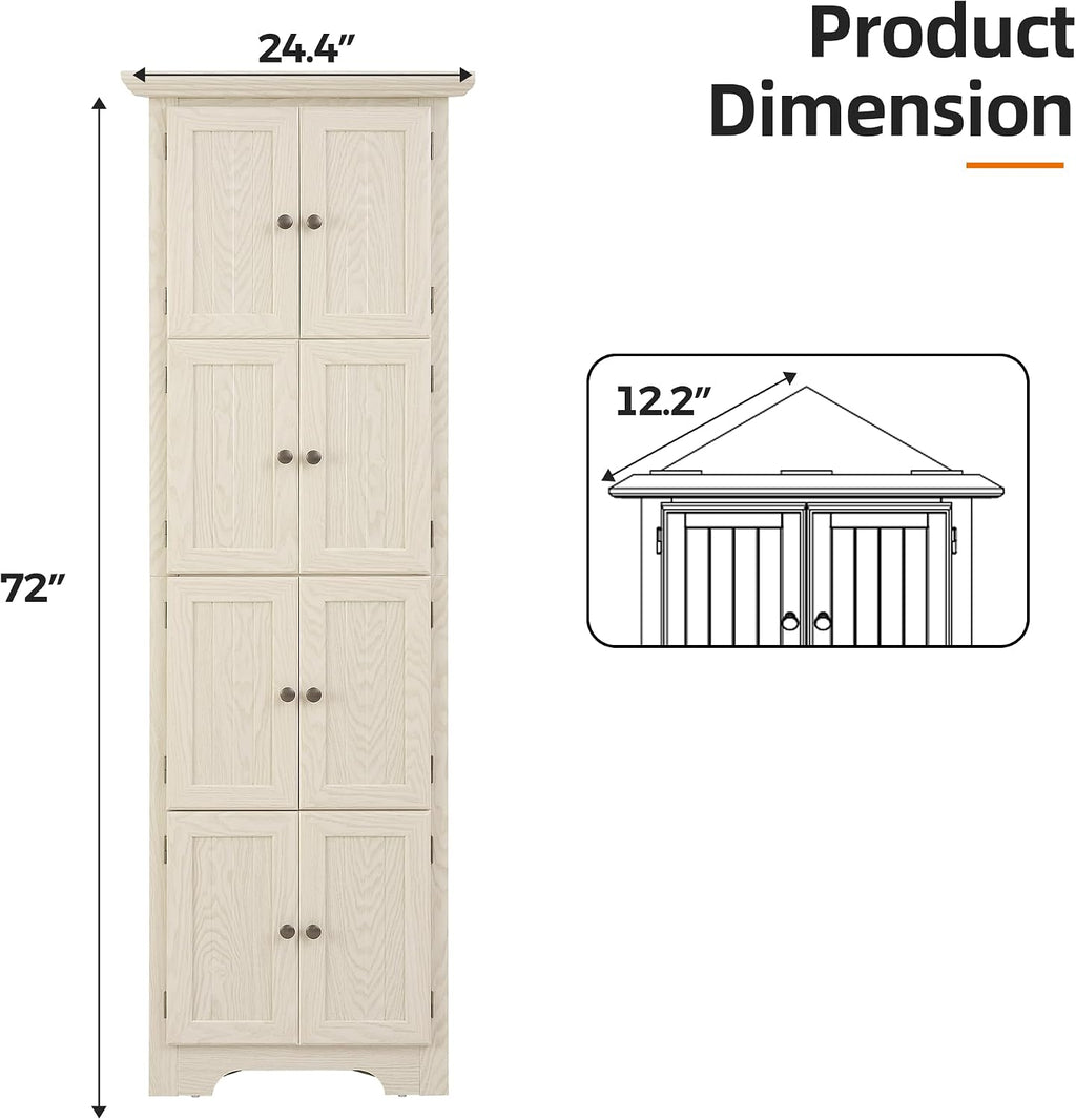 4 Tier Farmhouse Corner Storage Cabinet, 72' H Kitchen Pantry Cabinet with 8 Doors & 4 Shelves, Home Space Saver for Kitchen, Office, Living Room, White