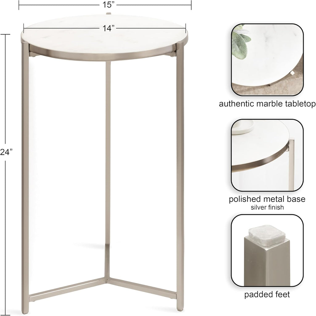 Kate and Laurel Aguilar Modern Round Side Table, 15 x 15 x 24, White and Silver, Genuine Marble Nightstand for Small Spaces and Living Room Decor