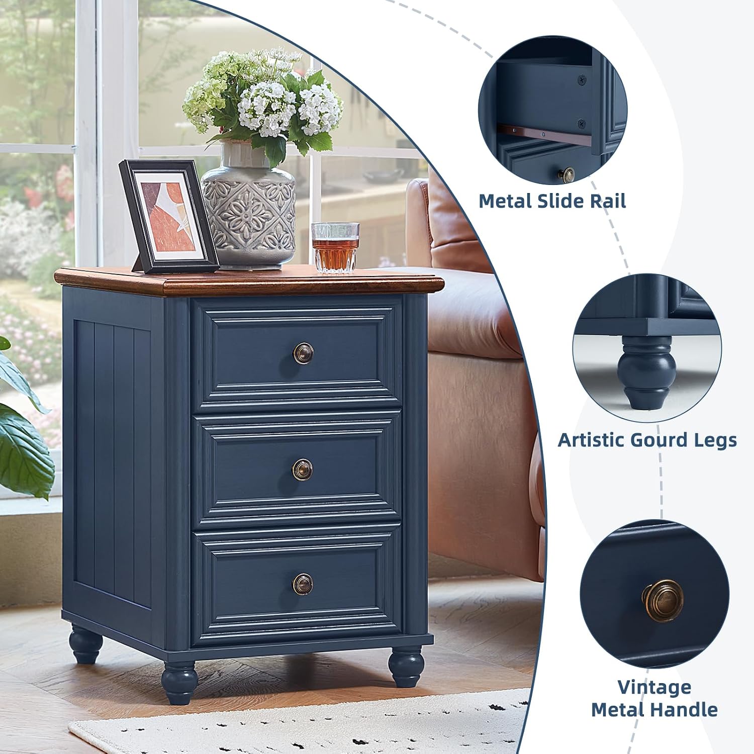 RWYHG 18' Farmhouse Night Stand Set of 2, Blue Wood Nightstand with 3 Drawers, Bedside End Table with Storage and Roman Column, Bed Side Tables Cabinet for Bedroom, Living Room, and Closet