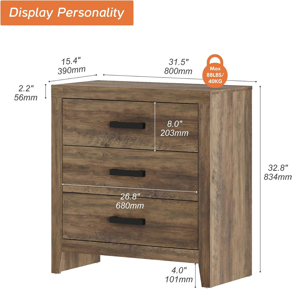 WAMPAT Farmhouse 3 Drawer Nightstand Set of 2, Large Wood Bedside Tables, 32' Wide End Tables with Storage for Bedroom, Hallway, Brown