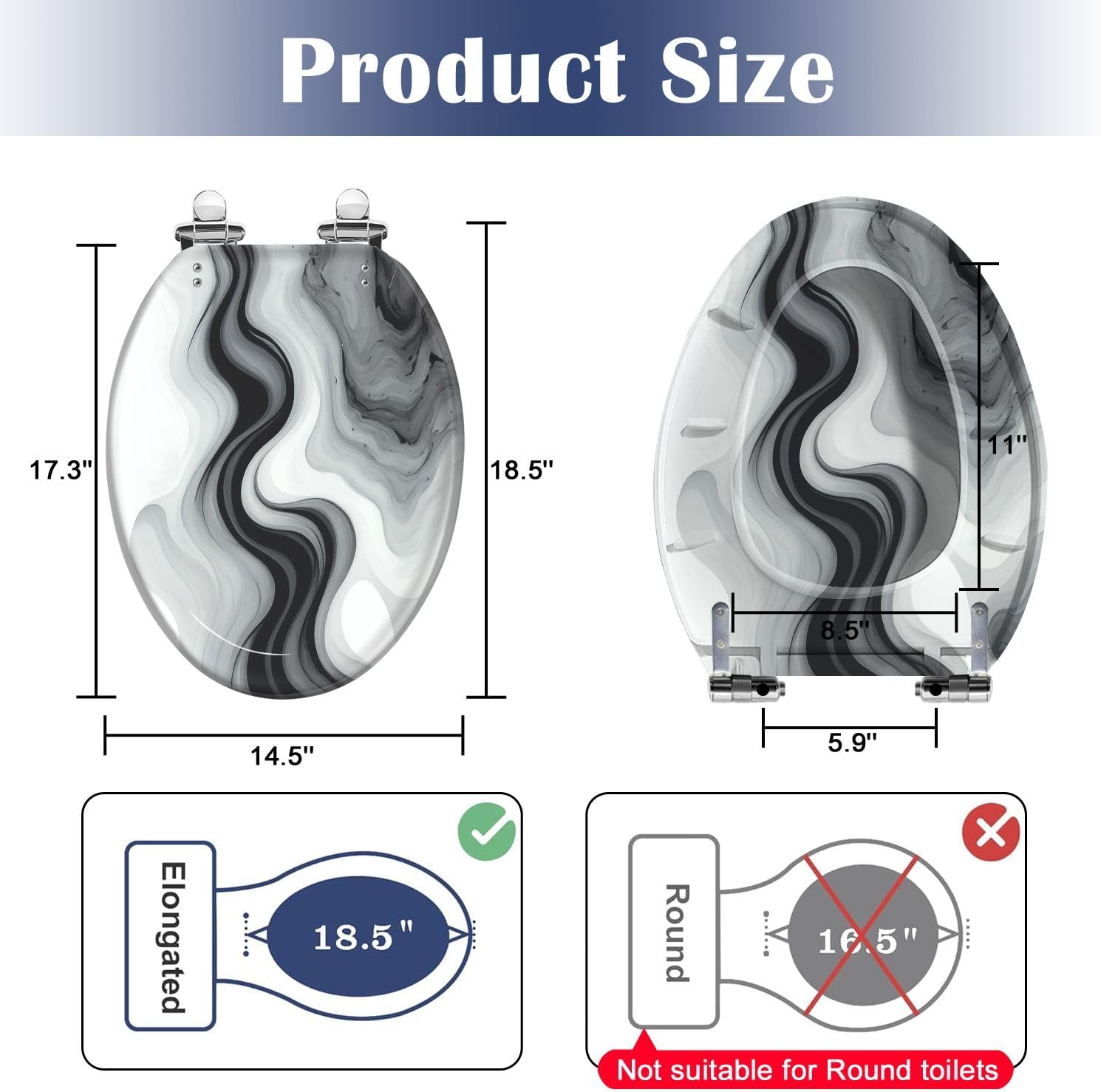 Elongated Toilet Seat Marble texture colorful black white gray marble surface curved lines Resin Toilet Seat Slow Quiet Close Lid with Quick-Release Hinges Cover Bumpers Easy to Clean Install