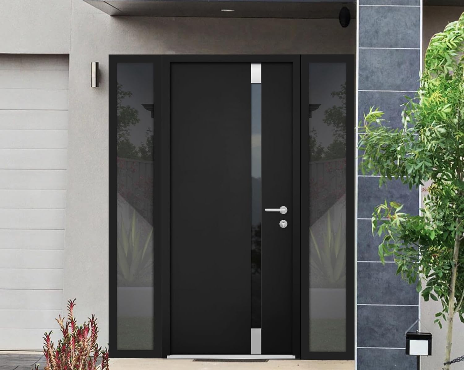 VDOMDOORS Front Exterior Prehung Steel Door/Cynex 6777 Black / 2 Side Exterior Windows/Stainless Inserts Single Modern Painted-W12+32+12' x H80-Left-hand Inswing