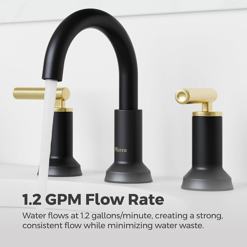 Pfister Capistrano Widespread Bathroom Sink Faucet 2-Handle 3-Hole Matte Black and Brushed Gold Finish NSF Certified with Push & Seal Drain TiteSeal Technology LF049CSOBBG