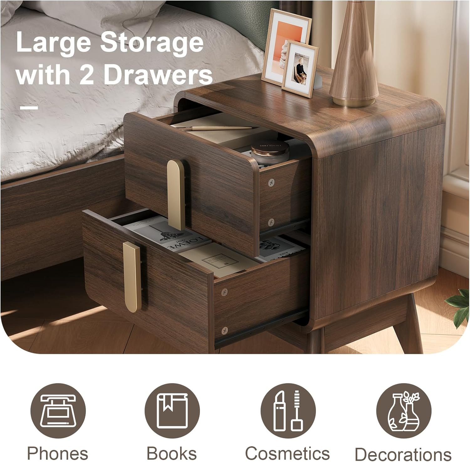 JOINICE, Nightstands Set of 2, Mid Century Modern Nightstand with Drawers, Bedside Tables with Solid Wood Legs, End Side Tables for Bedroom, Small Space,Walnut