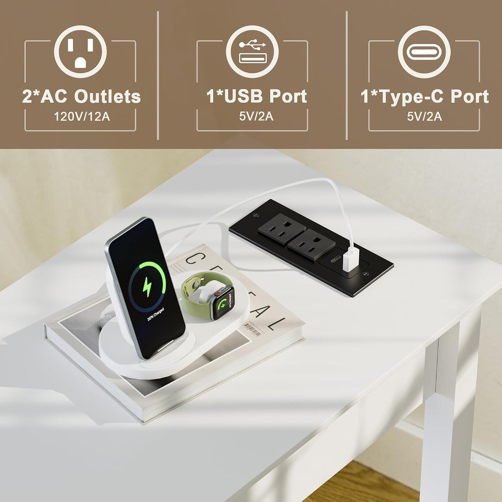 Treocho End Tables Living Room Set of 2, Narrow Side Table with Charging Station, White Table Bedside Sofa for Small Spaces, Living Room, Bedroom