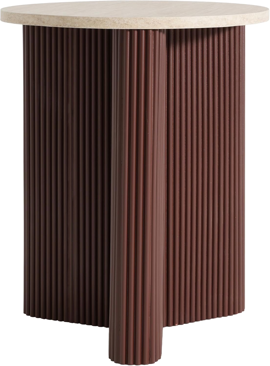 Merax Modern Round Side Table with Faux Marble Top & Brown Ribbed Base - Compact Round Coffee Table with Wooden Fluted Legs - 17.8' Accent End Table for Living Room & Bedroom, Brown