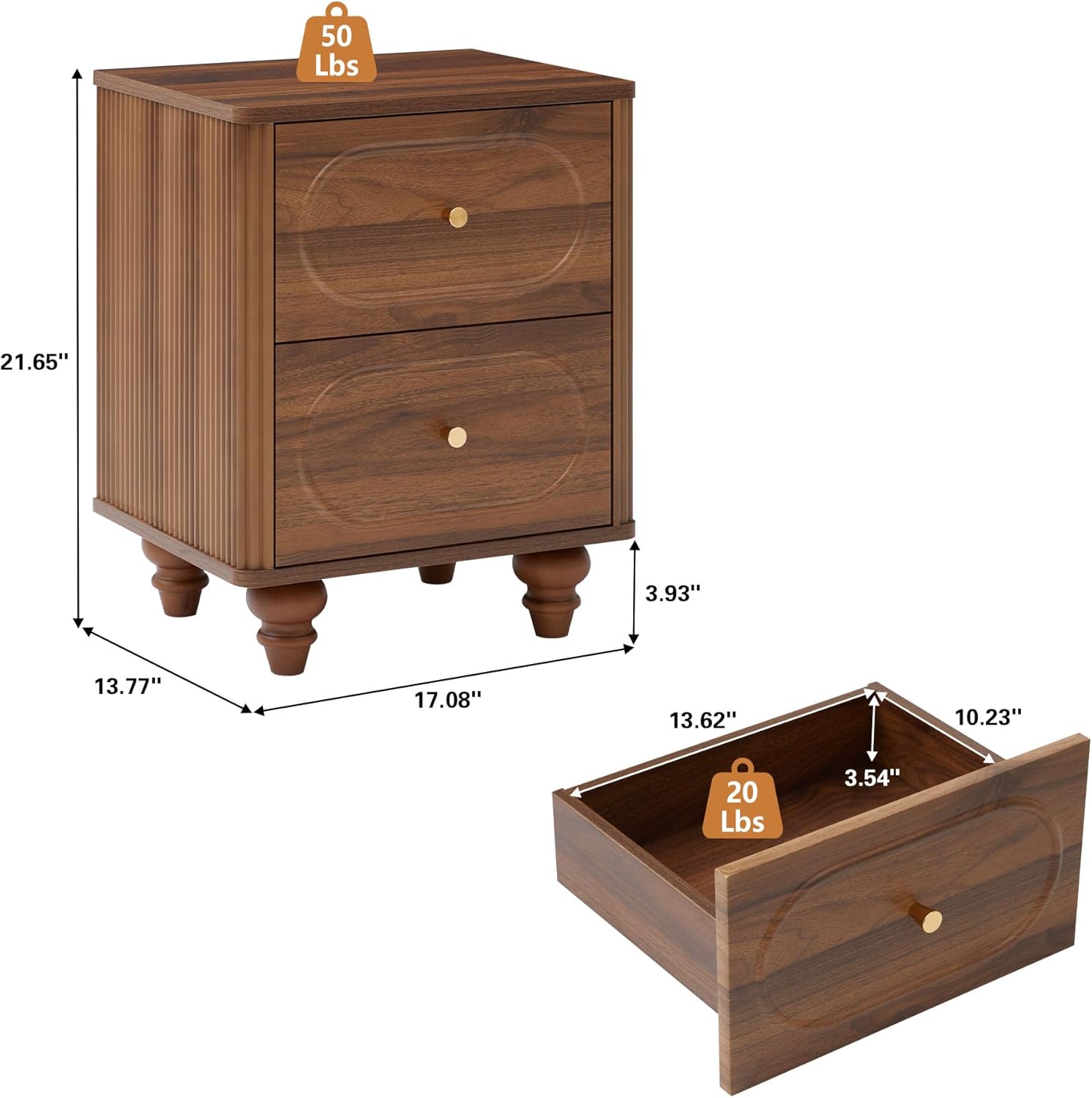 2 Drawer Fluted Nightstand Set of 2, Mid Century Modern Farmhouse Night Stand Small End Table Bedside Table for Bedroom, Living Room, Walnut