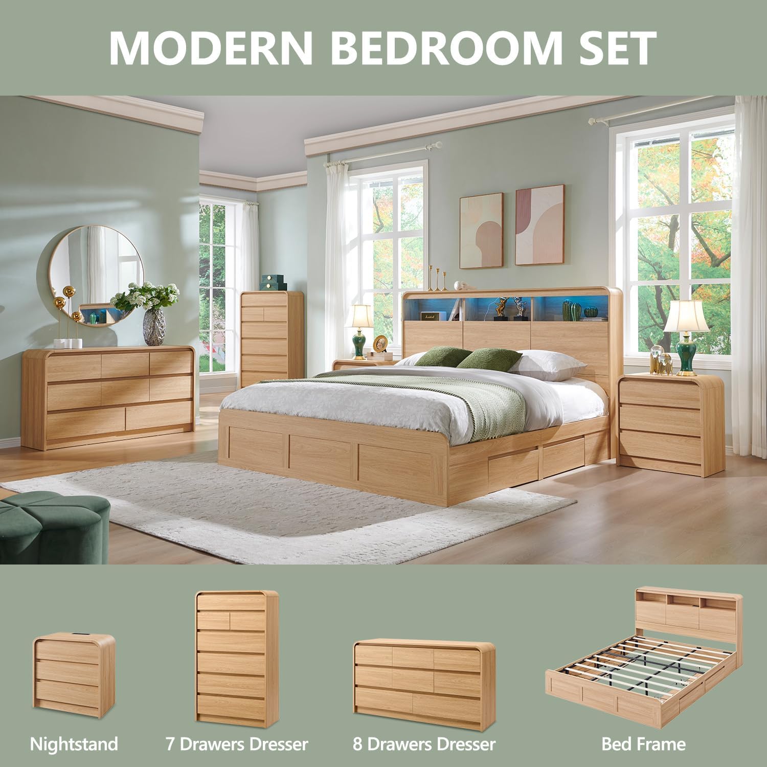 Aitjunz 25' Tall Modern Nightstand Set of 2, 23.6' Wide Wood Bedside Table with Charging Station, 3 Storage Drawers Side Table w/Curved Profile Design,End Table for Bedroom, Natural Oak