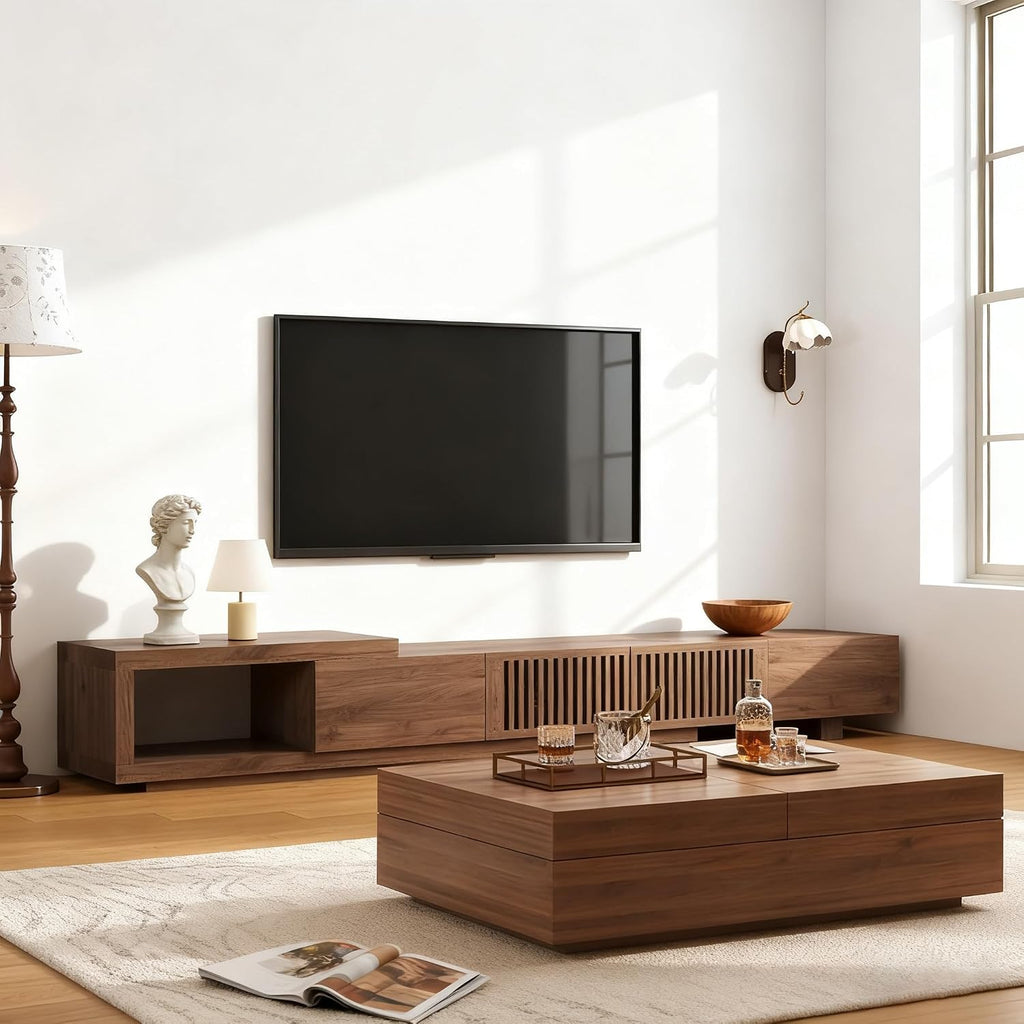 Mid-Century Modern Expandable Coffee Table & TV Stand Set, Walnut Finish – Elegant Storage Combo for Living Room, Bedroom, or Lounge (78.54' to 103' TV Stand+Coffee Table)