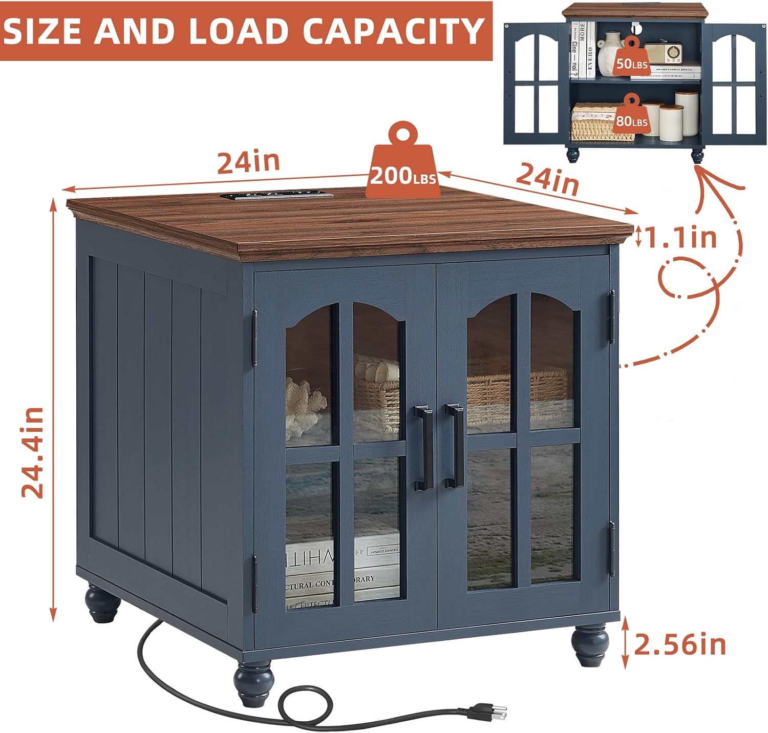 RWYHG Farmhouse End Table Set of 3 with Charging Station, 18'' Narrow Side Table and 24' Large Sofa Side Table with Glass Barn Door Storage, Wood Night Stand Bedside Table for Living Room,Bedroom