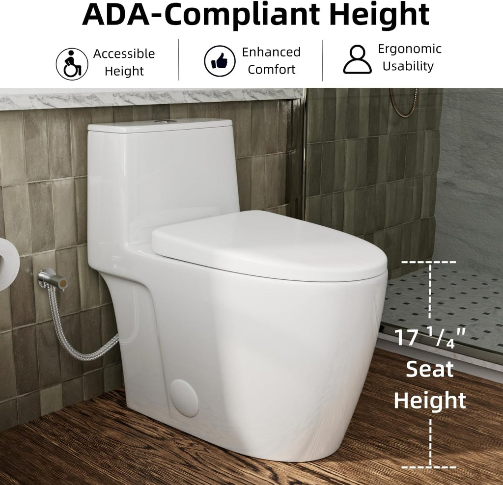 17.3' Elongated One Piece Toilet with Rimless Swirl Flush, Los Flexi Modern Toilets For Bathrooms, ADA Chair Height, Dual Flush 1.0/1.28 GPF, White 17 Inch Toilet Bowl, Soft-Close Seat & 12' Rough-In