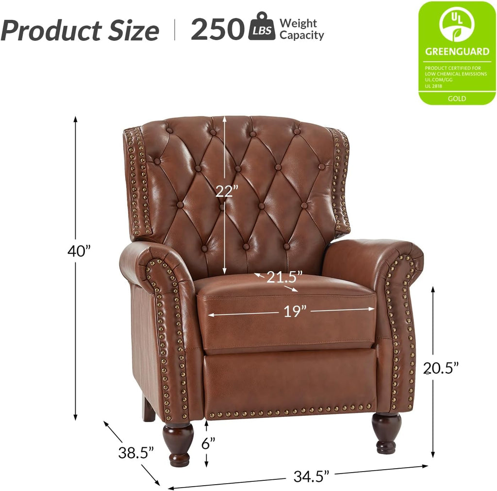 HULALA HOME Genuine Leather Recliner Chair Set of 2 w/Solid Wood Feet, Modern Adjustable Tufted Push Back Arm Chair w/Rivet Decoration, Home Theater Seating Reclining Sofa for Living Room, Brown