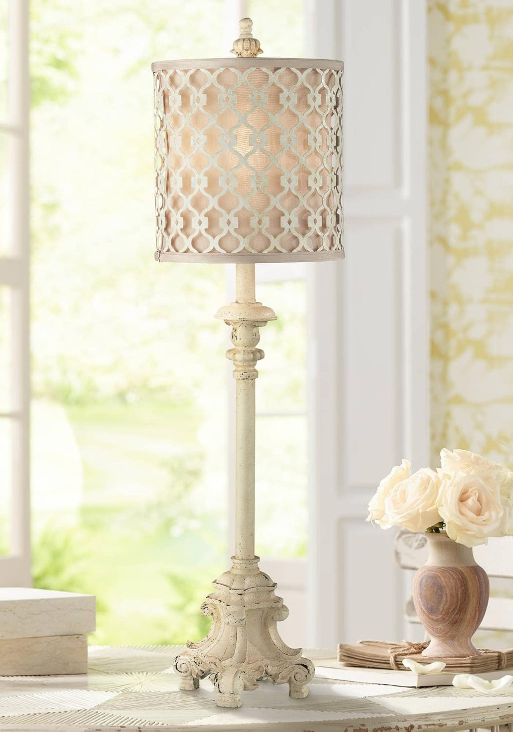 Regency Hill French Candlestick 34' Tall Scroll Skinny Buffet Traditional End Table Lamps Set of 2 Ivory White Living Room Bedroom Bedside Nightstand House Office Home Off-White Shade