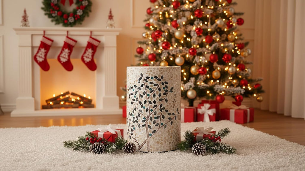 PEMAR Mother of Pearl Cylinder Drum End Table Nacre Side Stool Round Accent Table Coffee Bedside Nightstand and Vanity Stool Olive Tree 13' Diameter x 19.3' High