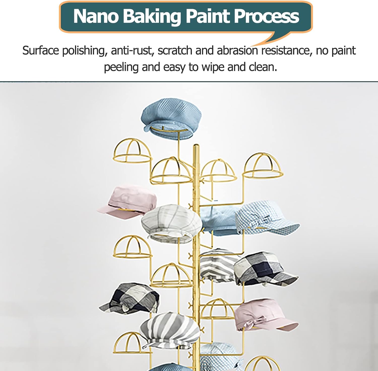 Modern Large Hat Rack Stand - 30 Hooks, Rolling Standing Retail Display Stand for Baseball Caps/Cowboy Hats/Fedora Hats, Easy to Assemble (Color : Black, Size : Place 30 Hats) (Gold Place 30
