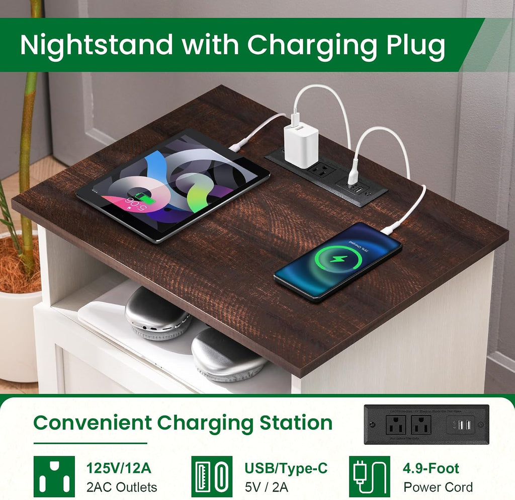 20-Inch Wide Modern Nightstand with Charging Station & Outlets, Bedside Table with 2 Drawers and Open Shelf, Sleek Design End Table for Bedroom and Office, White (Single Piece)