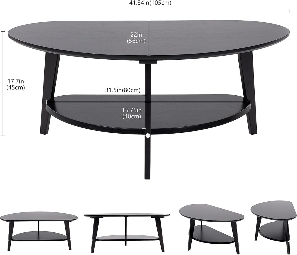 NAVREX Mid Century Modern Coffee Table, Oval Coffee Tables with Storage for Living Room, 2 Tier Solid Wood Center Table, Black Coffe Tables, Value Lies in Material, Easy Assembly, 40.2'*22'