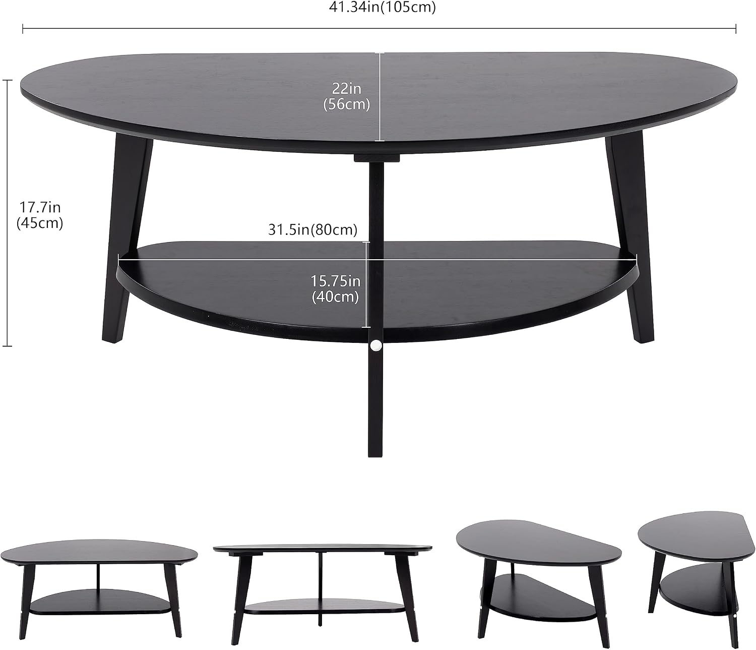 NAVREX Mid Century Modern Coffee Table, Oval Coffee Tables with Storage for Living Room, 2 Tier Solid Wood Center Table, Black Coffe Tables, Value Lies in Material, Easy Assembly, 40.2'*22'