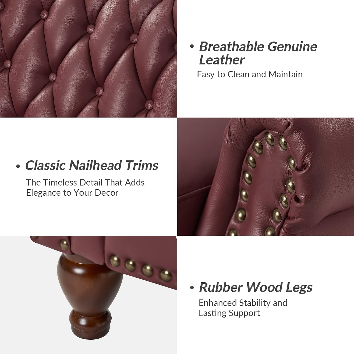 HULALA HOME Genuine Leather Recliner Chair Set of 2 w/Solid Wood Feet, Modern Adjustable Tufted Push Back Arm Chair w/Rivet Decoration, Home Theater Seating Reclining Sofa for Living Room, Burgundy