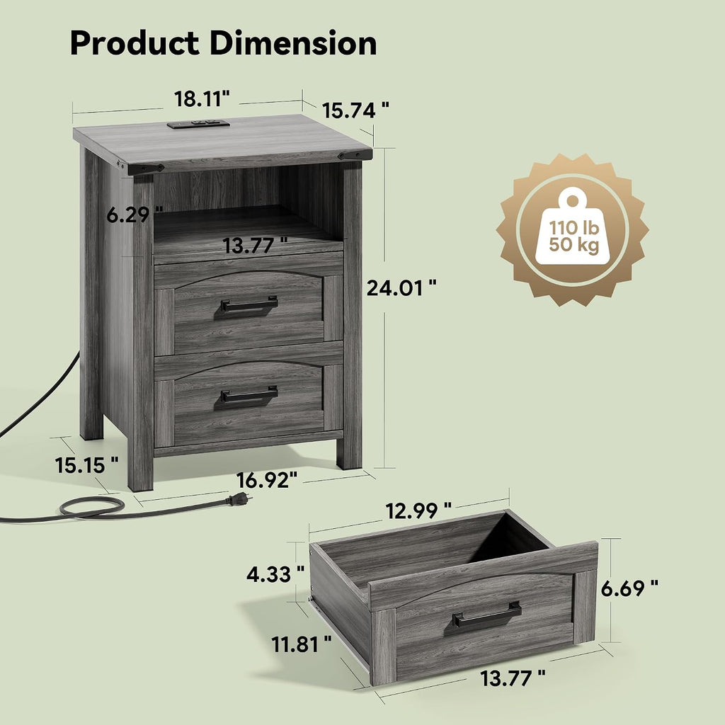 Decofy Farmhouse Nightstand Set of 2 with Charging Station, 18'' Wide Rustic End Table with USB/Type-C Ports, 2 Drawers & Open Shelf, Wood Bedside Table for Bedroom, Grey Oak