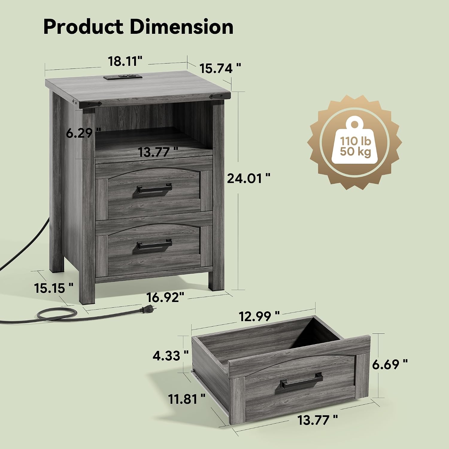Decofy Farmhouse Nightstand Set of 2 with Charging Station, 18'' Wide Rustic End Table with USB/Type-C Ports, 2 Drawers & Open Shelf, Wood Bedside Table for Bedroom, Grey Oak