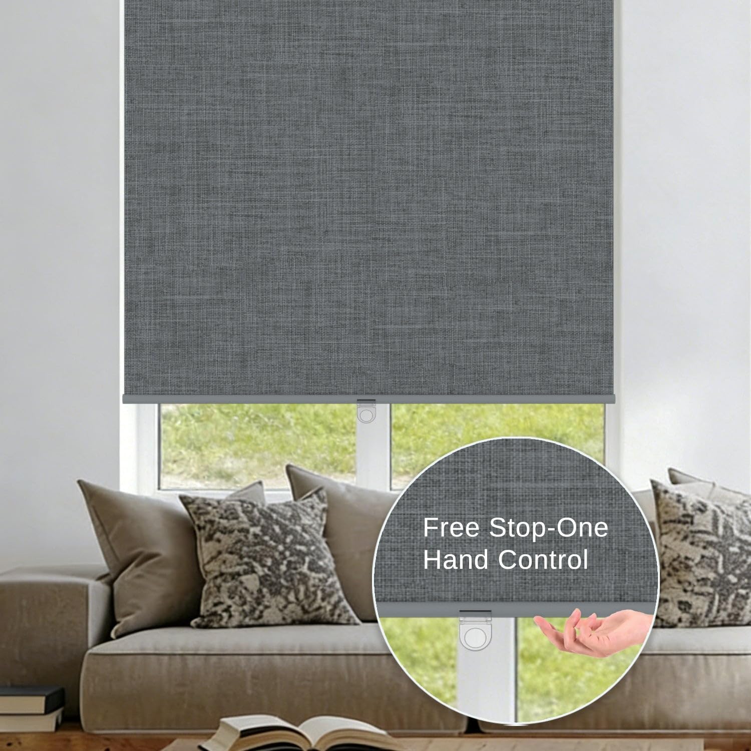 100% Blackout Roller Shades, Free-Stop Cordless Roller Blinds for Windows, Thermal Insulated Linen Fabric Window Shades UV Protection for Home, Door, Grey, 56' W x 72' H