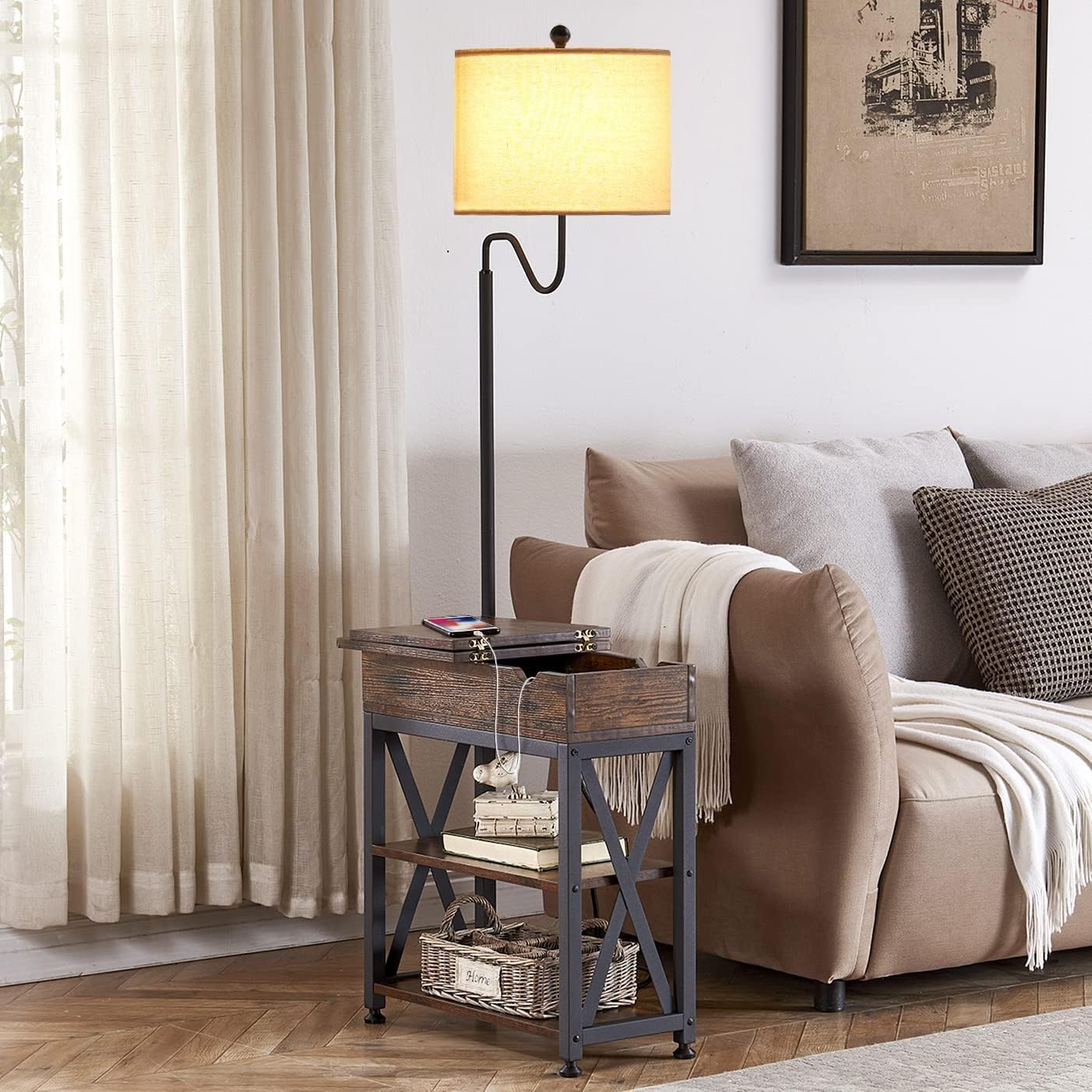 Dungoo Floor Lamp with Table, Narrow End Table with Lamp, Bedside Nightstand with USB & Type-C Ports and 2 Outlets, Rustic Side Table with Storage Shelf, End Table with Lamp for Living Room