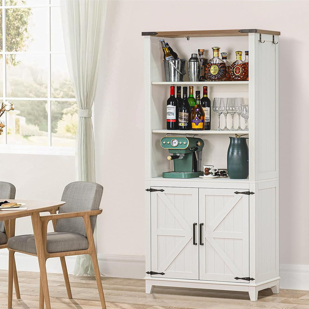 Joaxswe 70in Tall Bookshelf 5 Tier Bookcase with Barn Doors and Storage Cabinet, White Farmhouse Book Shelf with Adjustable Shelves, Wood Freestanding Display Bookshelves for Bedroom, Kitchen (3PCS)