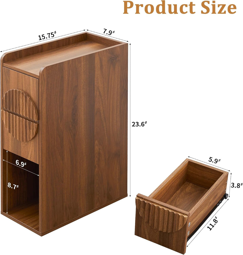 Narrow Nightstands Set of 2 for Bedroom, Mid Century Modern Wooden Bedside with 2 Drawers, Fluted Skinny End Table, 8 Inch Wide Slim Side Tables for Small Spaces, Walnut