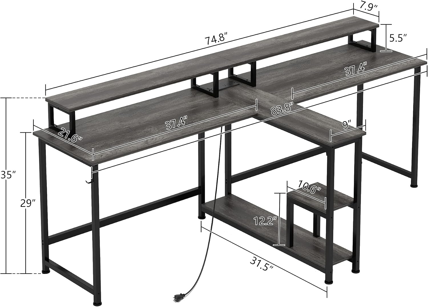 Mexin Two Person Desk-83.7 Inch Double Computer Desk with Monitor Stand and Power Outlets, Office Desk with Storage Shelves, Long Workstation Desk for Home Office, Gray Oak
