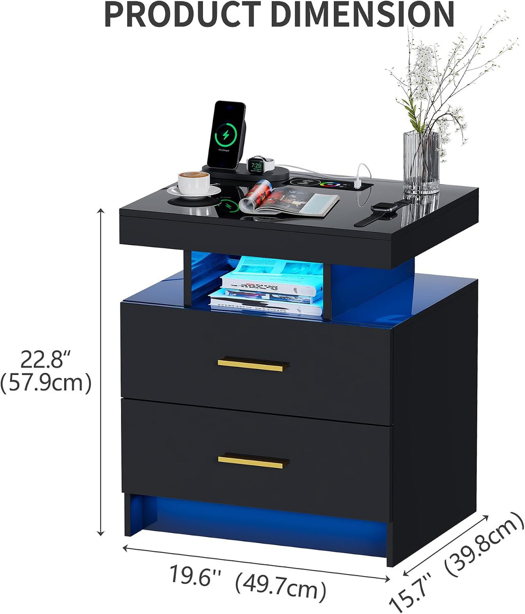 Smart Night Stand Set of 2 with Charging Station, Modern Black Nightstand with 24 Color Lights and 2 Drawers, LED Bedside Tables with Auto Senor,High Gloss End Side Table for Bedroom