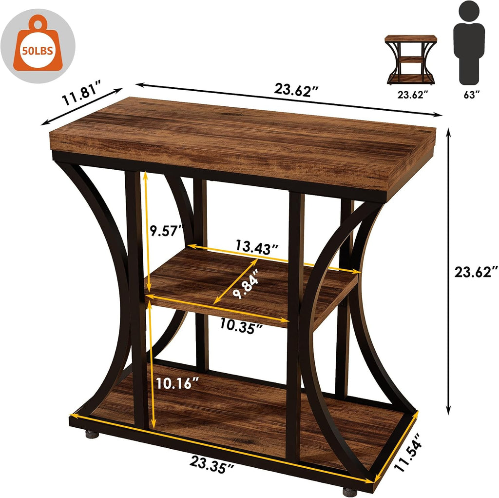 3-Tier End Table, Rustic Nightstand with Storage Shelves, Narrow Side Table for Living Room, Bedroom, Small Spaces – Wood and Metal Accent Table(Set of 2) (2, Rustic Brown)