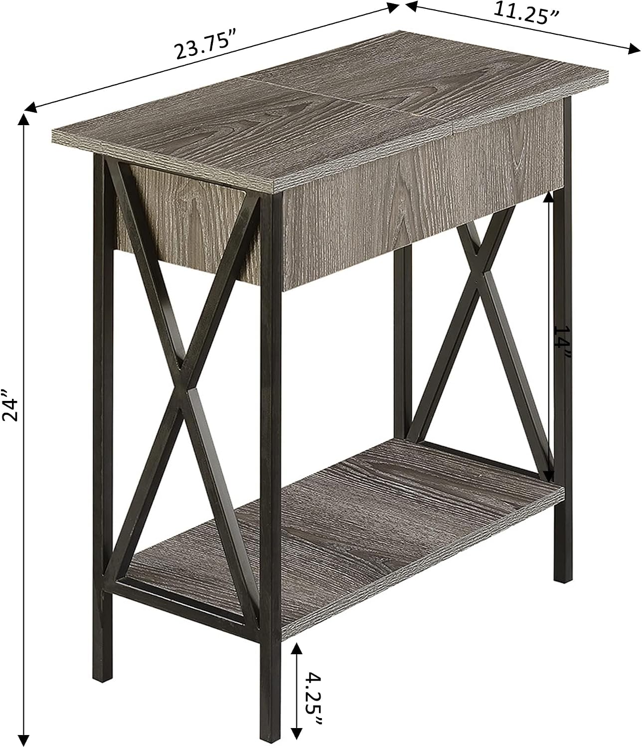 Convenience Concepts Tucson Flip Top End Table with Charging Station 23.75' - Modern Living Room Table with Storage Shelf, Nightstand Side Table, Weathered Gray