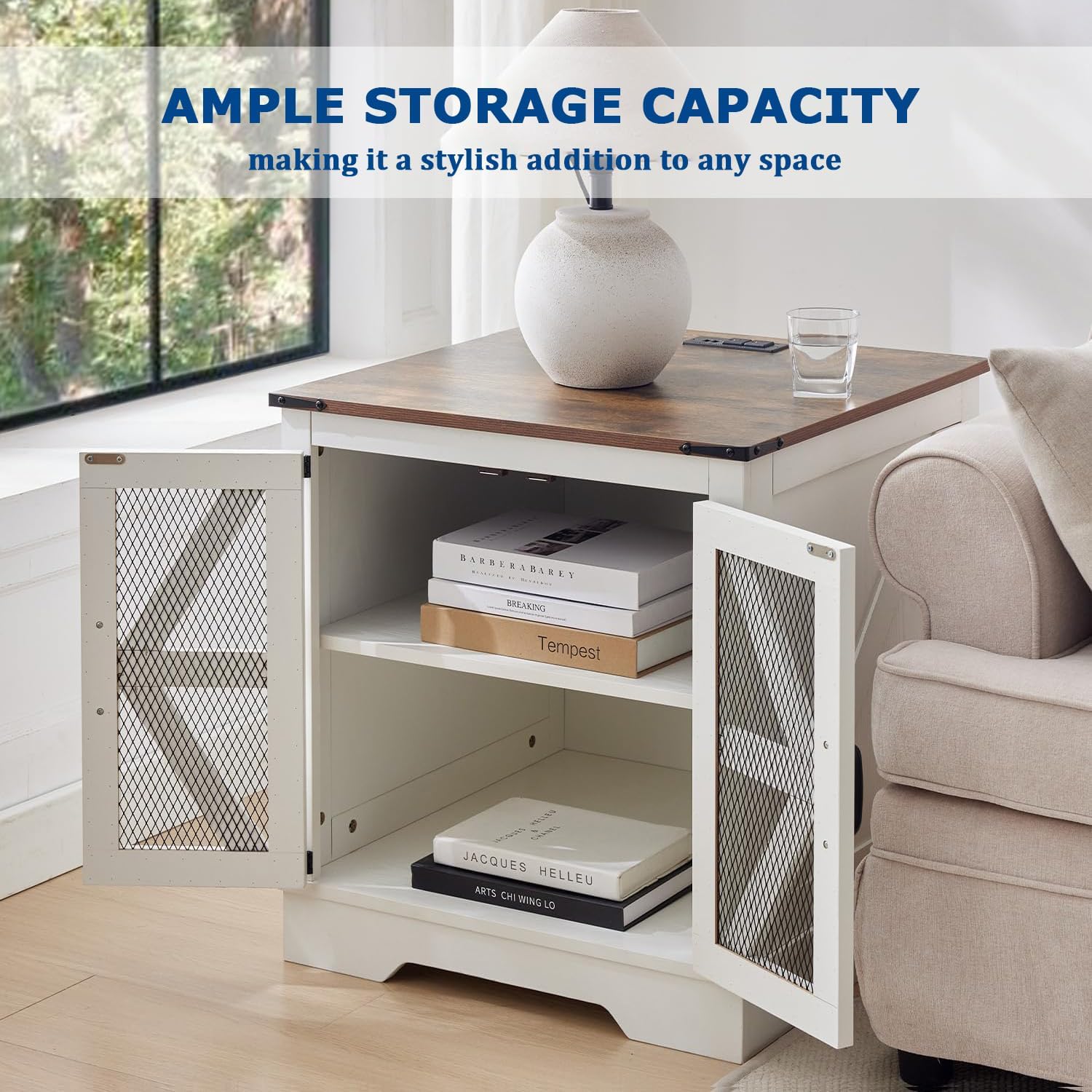 Farmhouse End Table Set with Charging Station Set of 2, Living Room Tables with Hidden Storage, Wood Square Sofa Bedside Tables, Night Stand with Power Outlet and Door, White