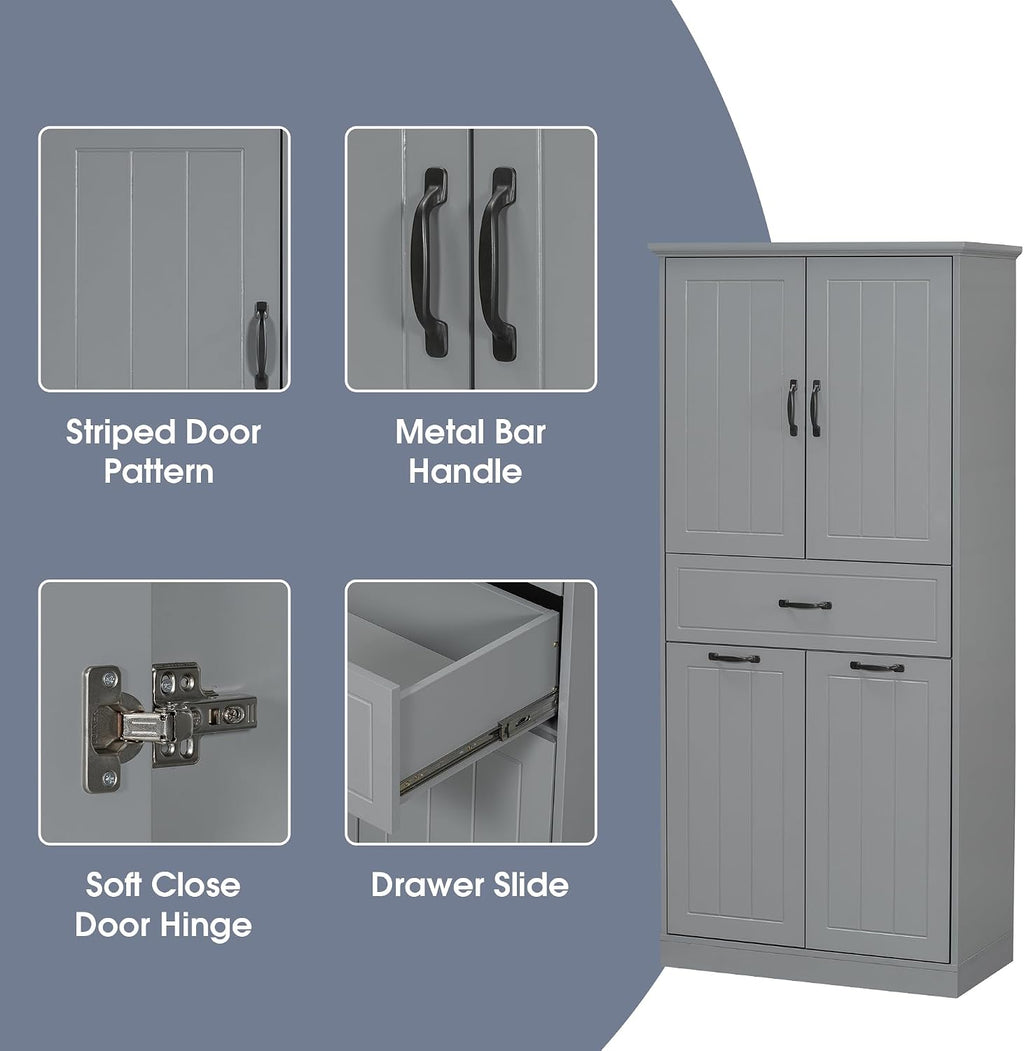 Bathroom Storage Cabinet with 2 Removable Bins, 65.8 in Tall | MDF, painted finish, adjustable shelf, 2 removable bins, enclosed storage, anti-tip, bathroom, 29.9 W x 15.7 D x 65.8 H in