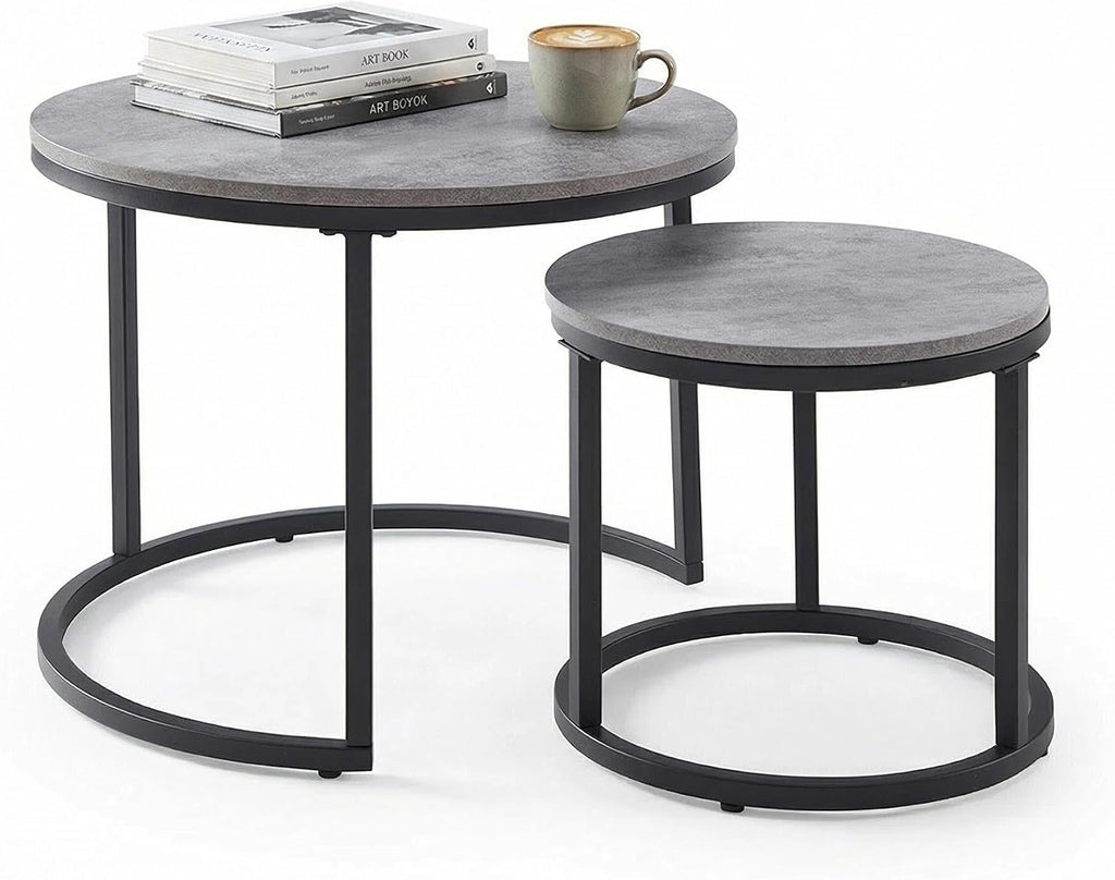 CENSI Round Nesting Coffee Table Set of 2, 24' Industrial Grey Faux Concrete Top, Modern Stacking Side End Tables with Black Metal Frame for Living Room, Small Spaces, Sturdy & Easy Assembly