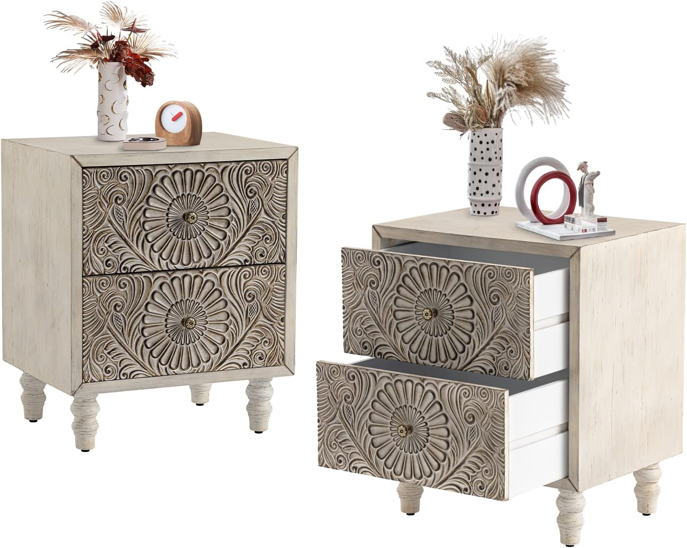 COSIEST 2 Pieces Nightstand, 14' D x 18' W x 21.5' H MDF End Table with 2 Drawers, Vintage Style Wood Bedside Table, Bedroom Accessories for Home, Office, College Dorm