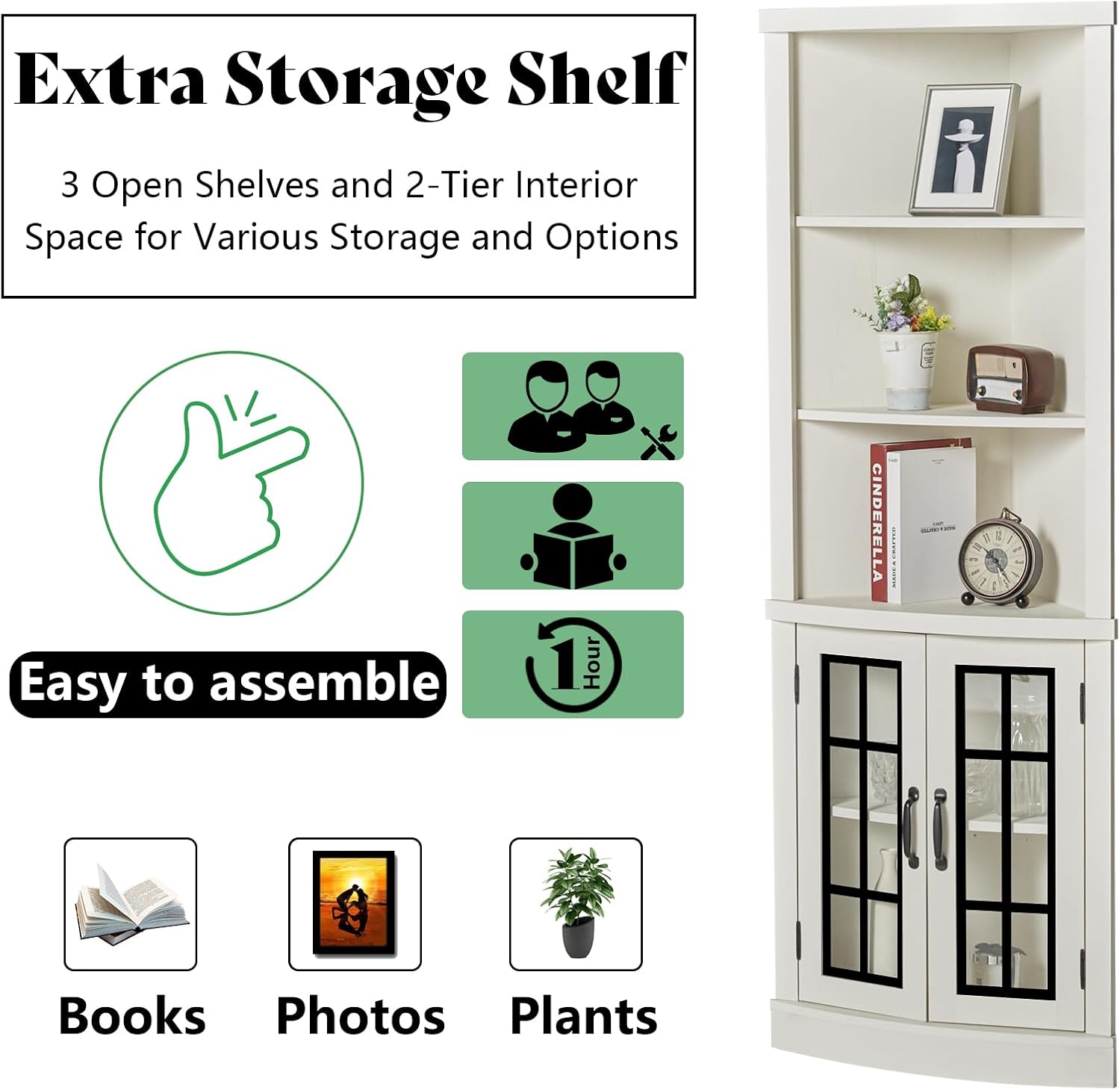 AMERLIFE Curved Corner Storage Cabinet, 65' Tall Freestanding Bookcase with Glass Doors & Adjustable Shelves, 5-Tier Corner Display Cabinet for Living Room, Bathroom, Distressed White