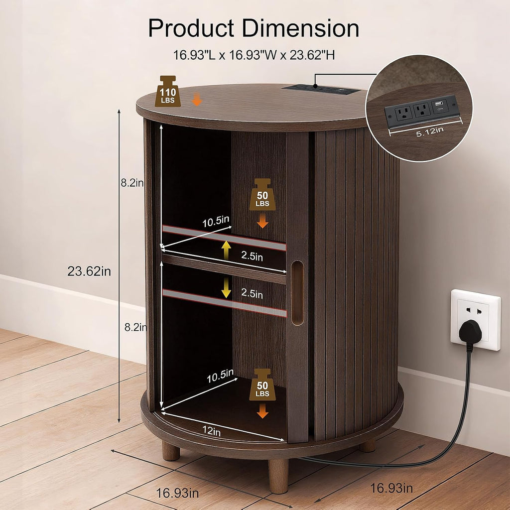 DHH End Table Set of 2 with Storage & Charging Station, Fluted Accent Side Table with Sliding Door & Adjustable Shelf, Mid-Century Nightstand for Small Spaces, Living Room, Bedroom(2, Dark Walnut)