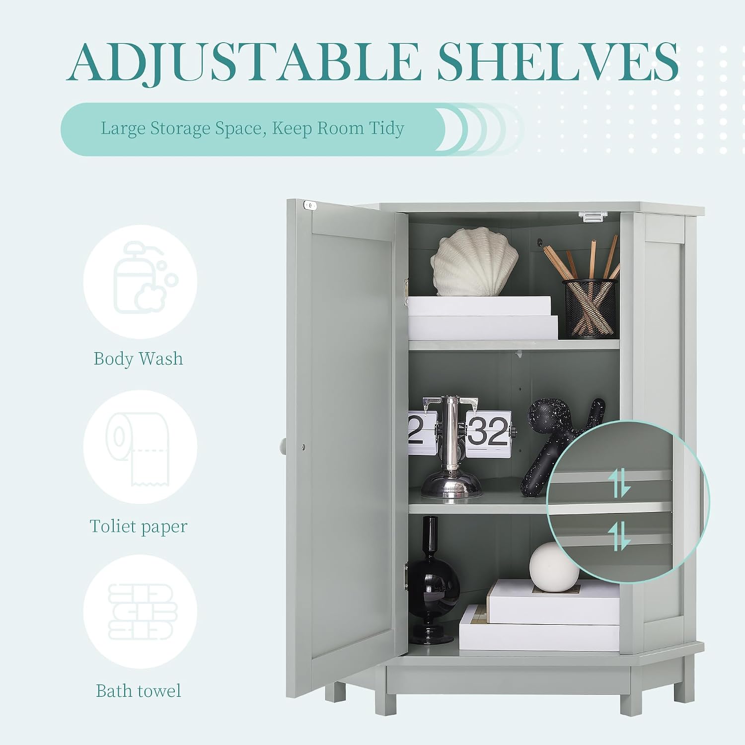 Floor Corner Cabinet with Doors and Adjustable Shelves, Freestanding Bathroom Corner Storage Cabinet for Bathroom, Living Room (1 Door, Grey)