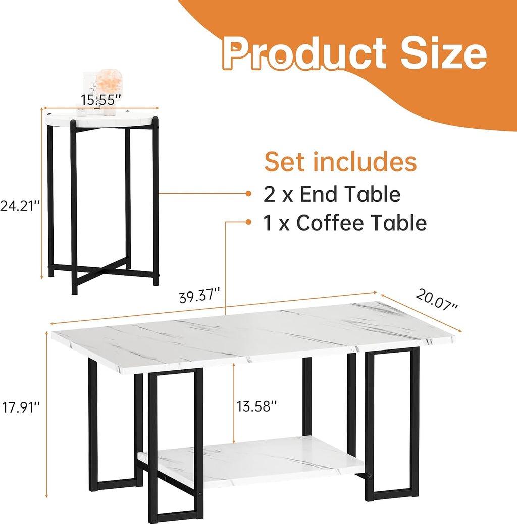 Hooseng Coffee Table Set of 3 Coffee Table and end Table Sets, Modern Living Room Table Set with Metal Frame for Apartment Home Office White Black