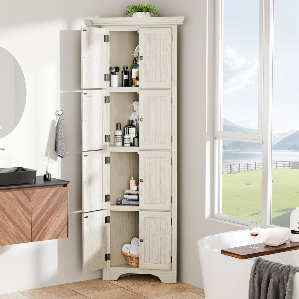 4 Tier Farmhouse Corner Storage Cabinet, 72' H Kitchen Pantry Cabinet with 8 Doors & 4 Shelves, Home Space Saver for Kitchen, Office, Living Room, White