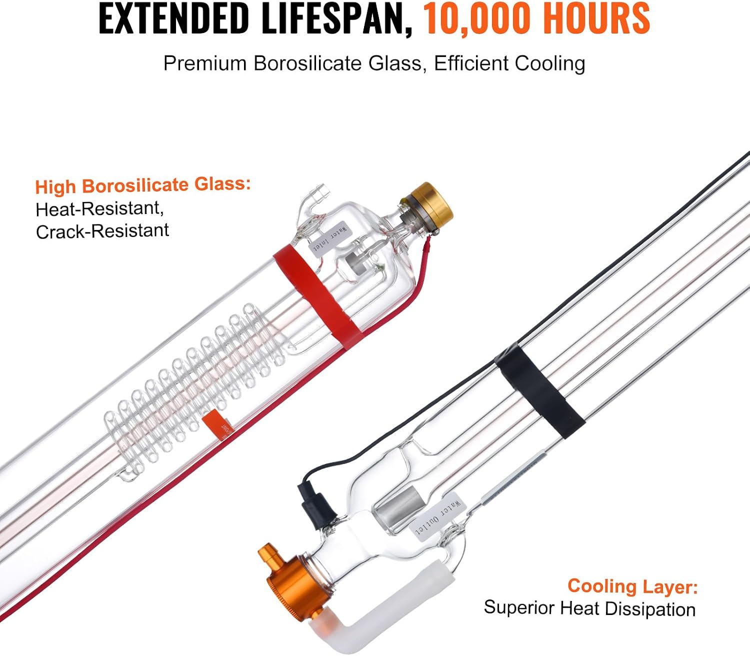VEVOR 90W CO2 Laser Tube, 49.2 in (1250 mm) Length, 3.1 in (80 mm) Dia Borosilicate Glass Laser Cutter Tube with Metal Head, 10,000hr Wires Preconnected for Laser Engraver Engraving Cutting Machine