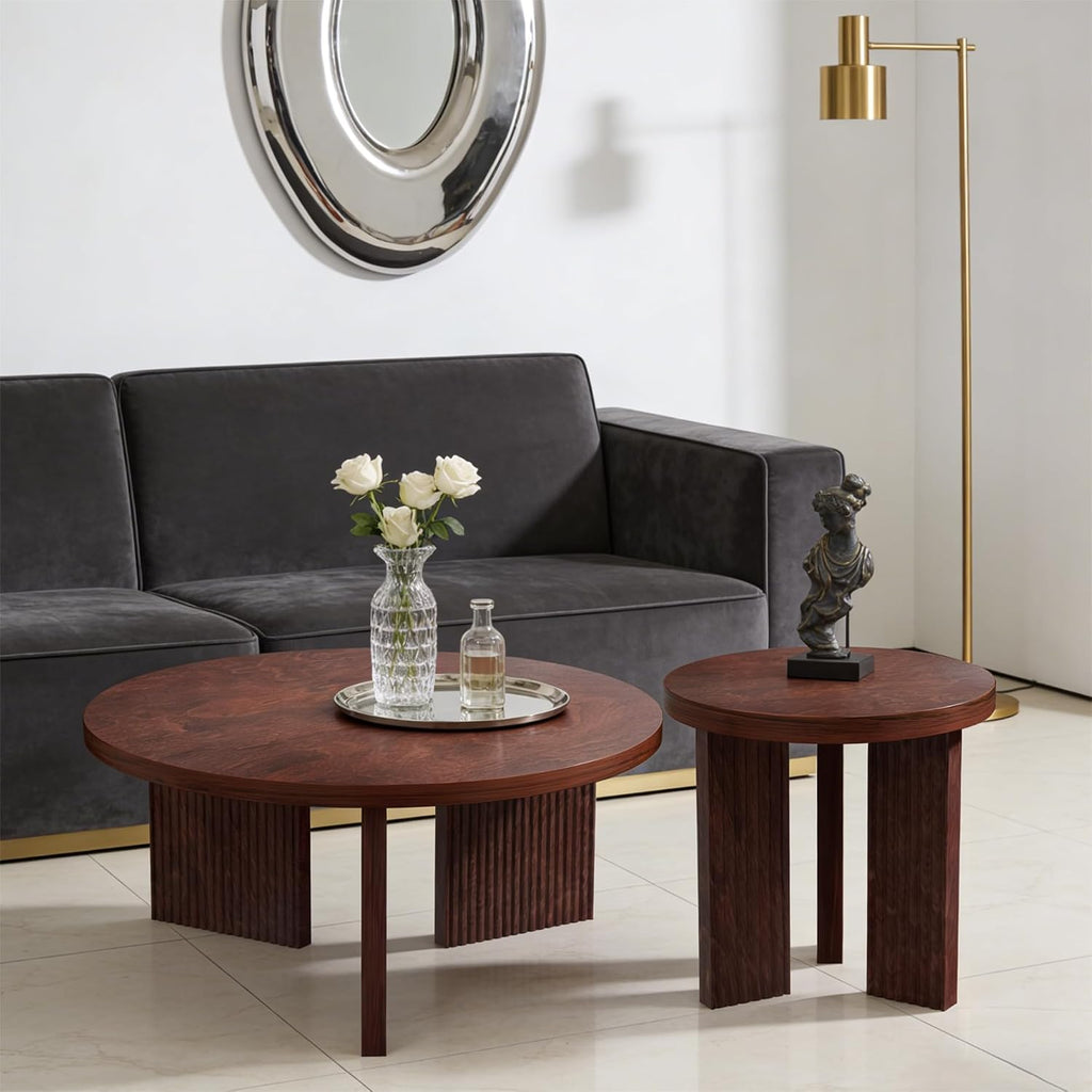Nesting Coffee Table Set of 2, Modern Wooden Coffee Table with Smooth Thick Design, Circle Tea Table and End Table Set, Accent Center Tables for Living Room, Office, Burgundy