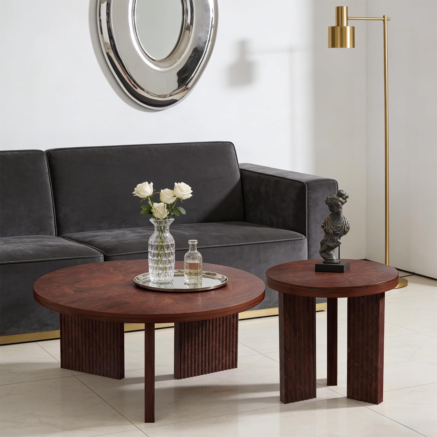 Nesting Coffee Table Set of 2, Modern Wooden Coffee Table with Smooth Thick Design, Circle Tea Table and End Table Set, Accent Center Tables for Living Room, Office, Burgundy