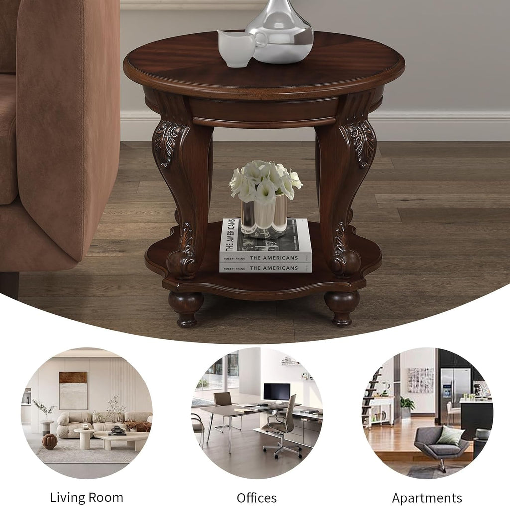 Vintage Small Round End Table 22' Wood Side Table, Antique Table Legs with Elegant Carvings, Easy Assembly, Cherry